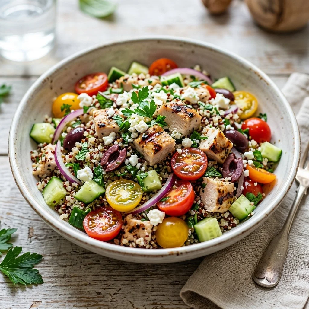 A colorful Mediterranean quinoa chicken salad with vegetables and herbs