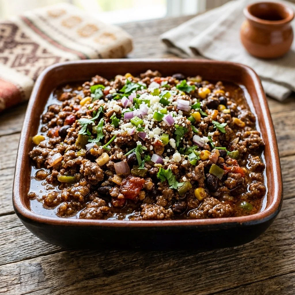 Plate of flavorful Mexican Ground Beef served with tortillas and toppings.