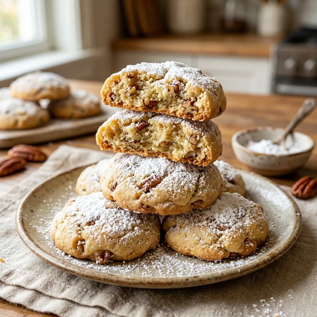 Delicious Mexican Wedding Cookies dusted with powdered sugar on a plate.