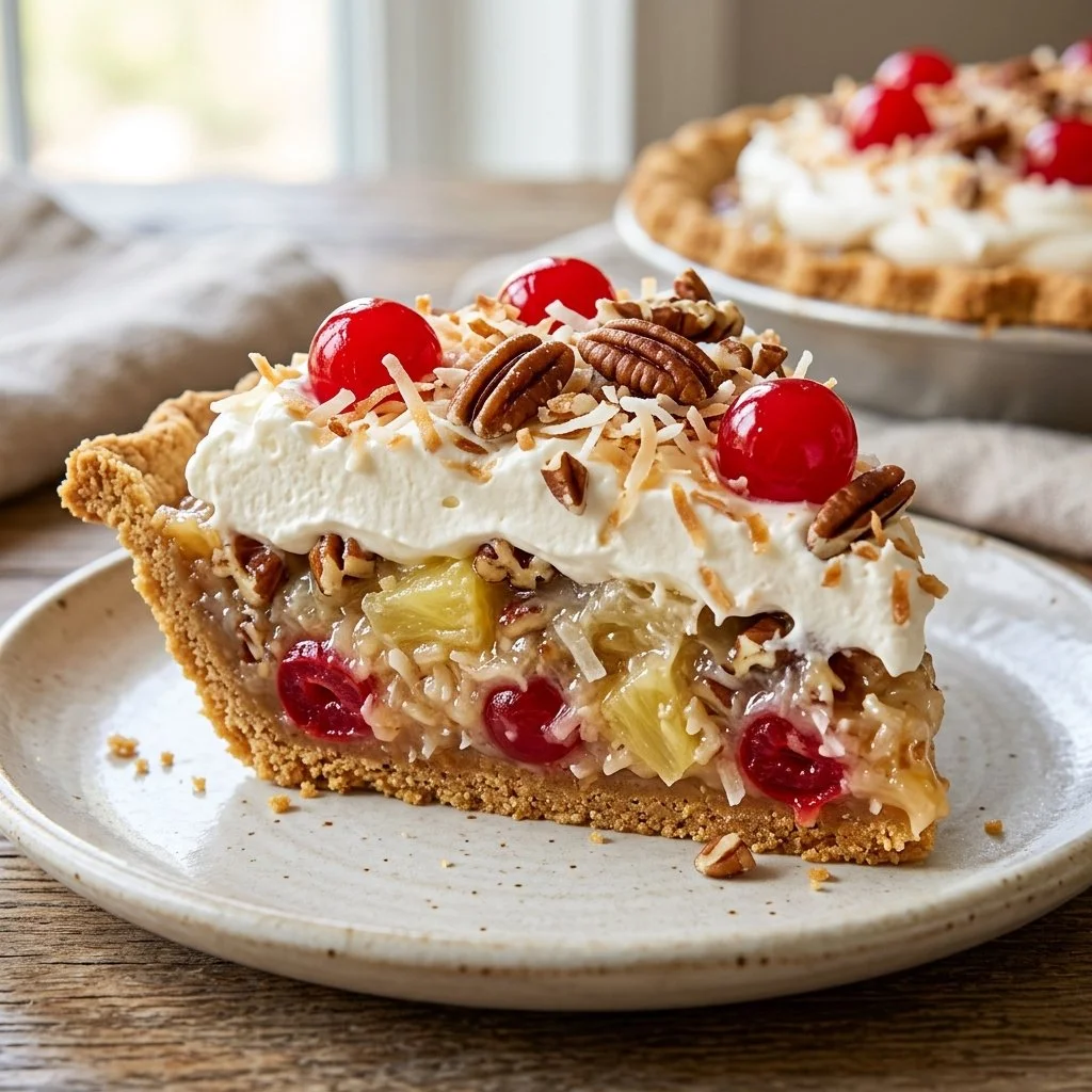 A slice of delicious Million Dollar Pie served on a plate.