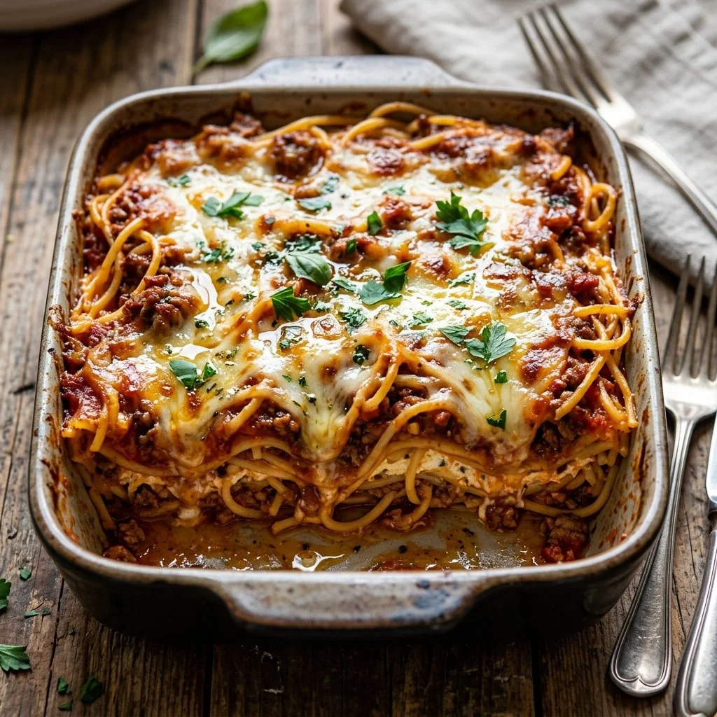 Delicious plate of Million Dollar Spaghetti topped with cheese and herbs