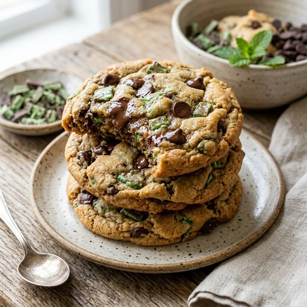 Freshly baked mint chocolate chip cookies with green mint and chocolate chips.