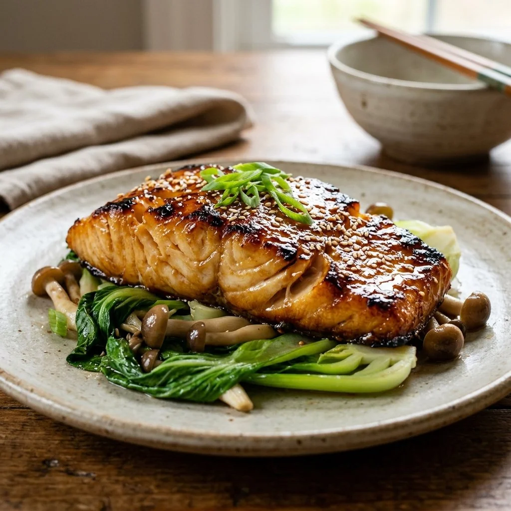 Miso glazed cod fillet garnished with green onions on a wooden platter