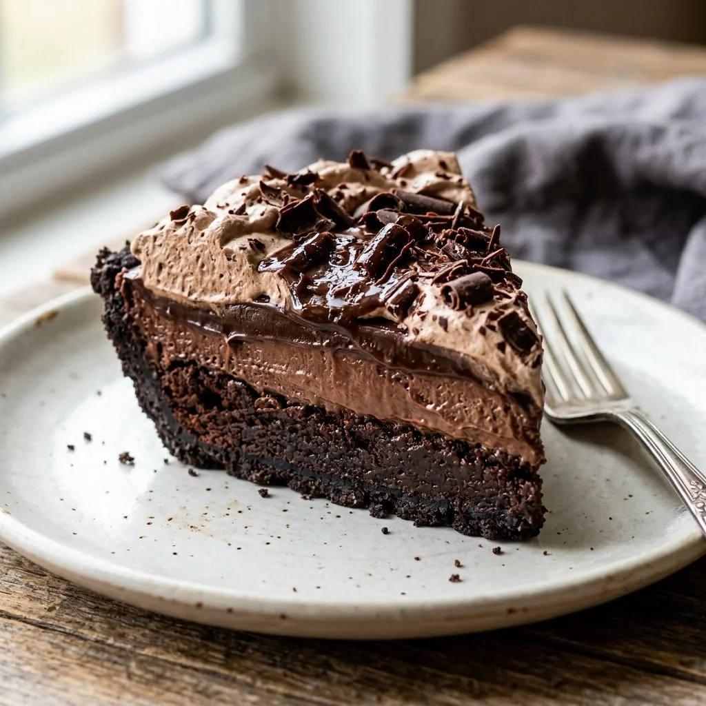 Delicious Mississippi Mud Pie topped with chocolate and whipped cream