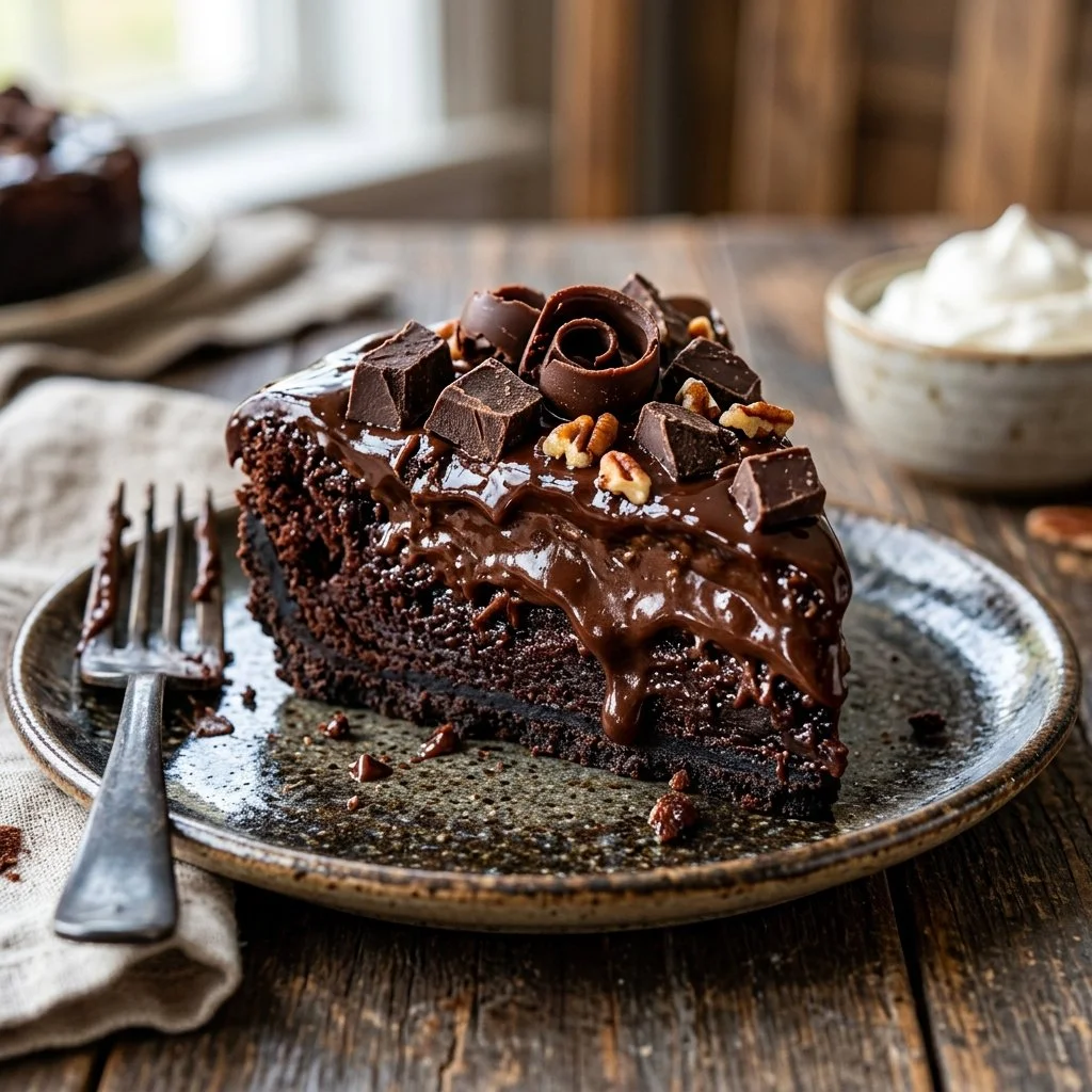 Delicious slice of Mississippi Mud Pie topped with whipped cream and chocolate.