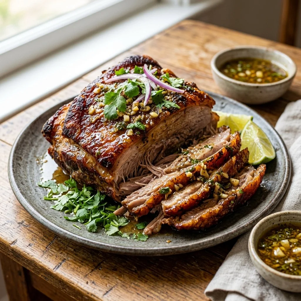 Juicy Mojo Pork marinated in citrus and spices, served with fresh garnish.