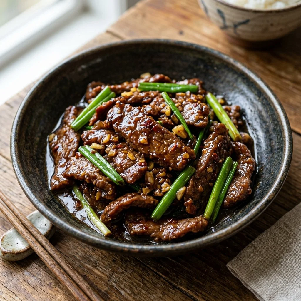 Delicious plate of Mongolian Beef stir-fry with scallions and rice