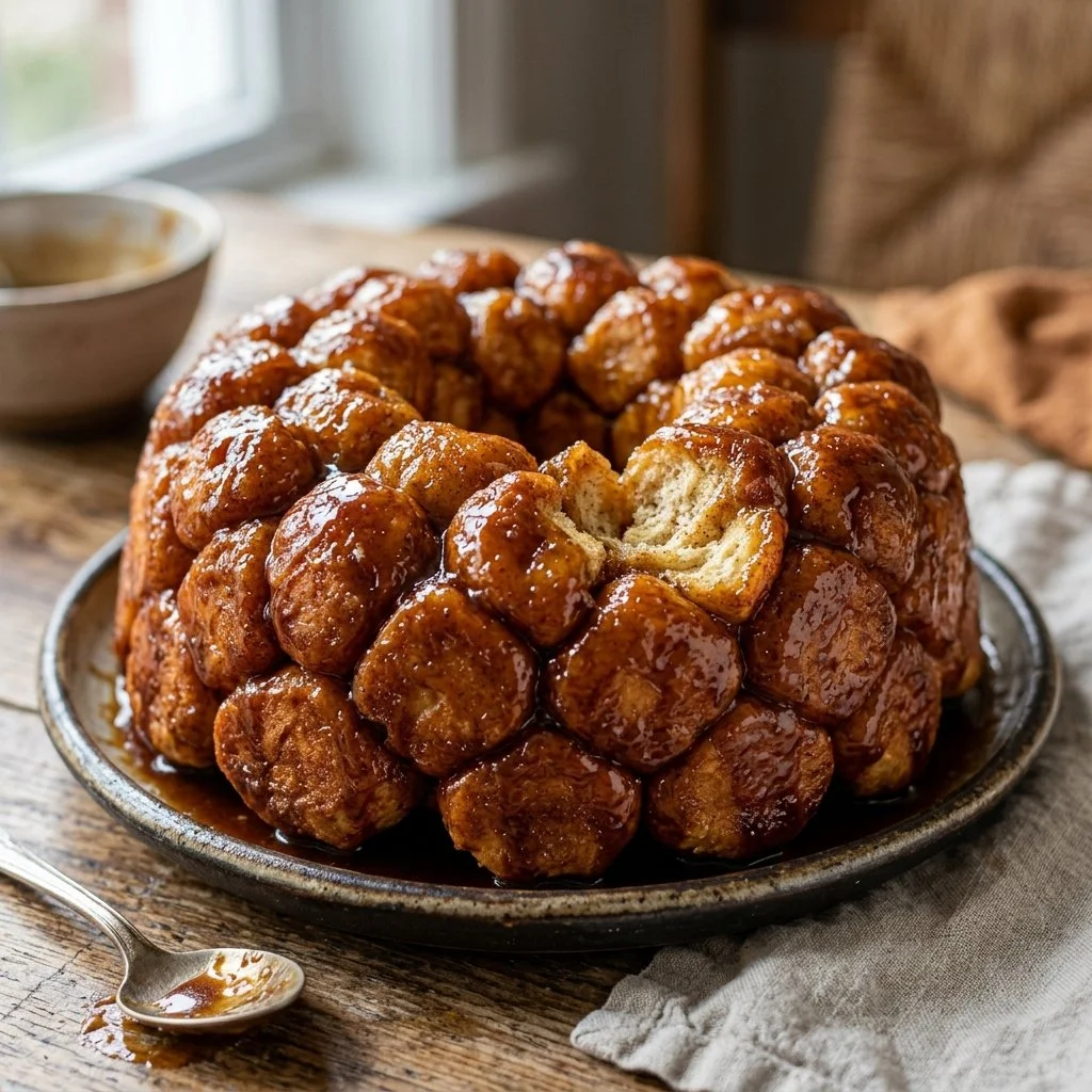 Freshly baked Monkey Bread topped with gooey caramel and cinnamon.