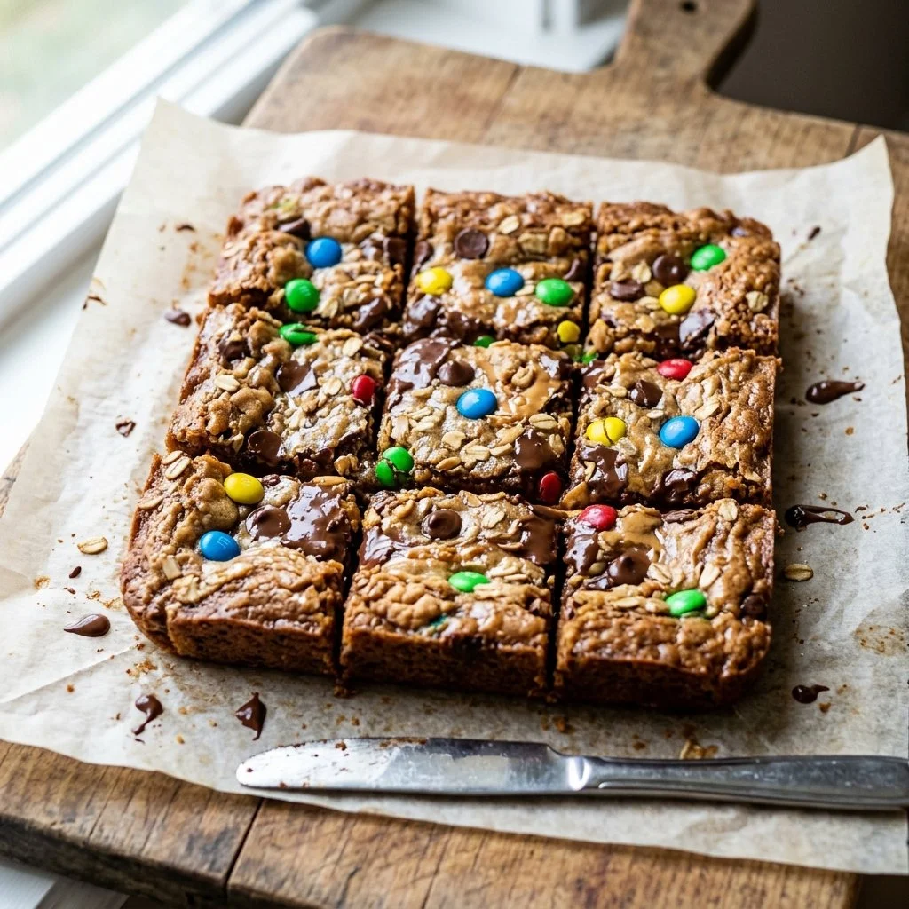 Delicious Monster Cookie Bars with chocolate chips and M&Ms