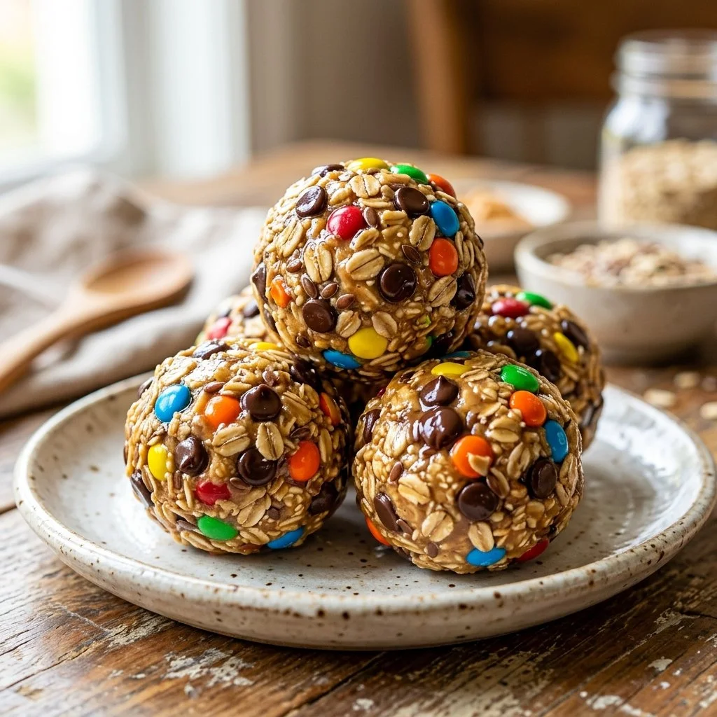 Delicious Monster Cookie Energy Balls made with oats, peanut butter, and chocolate chips