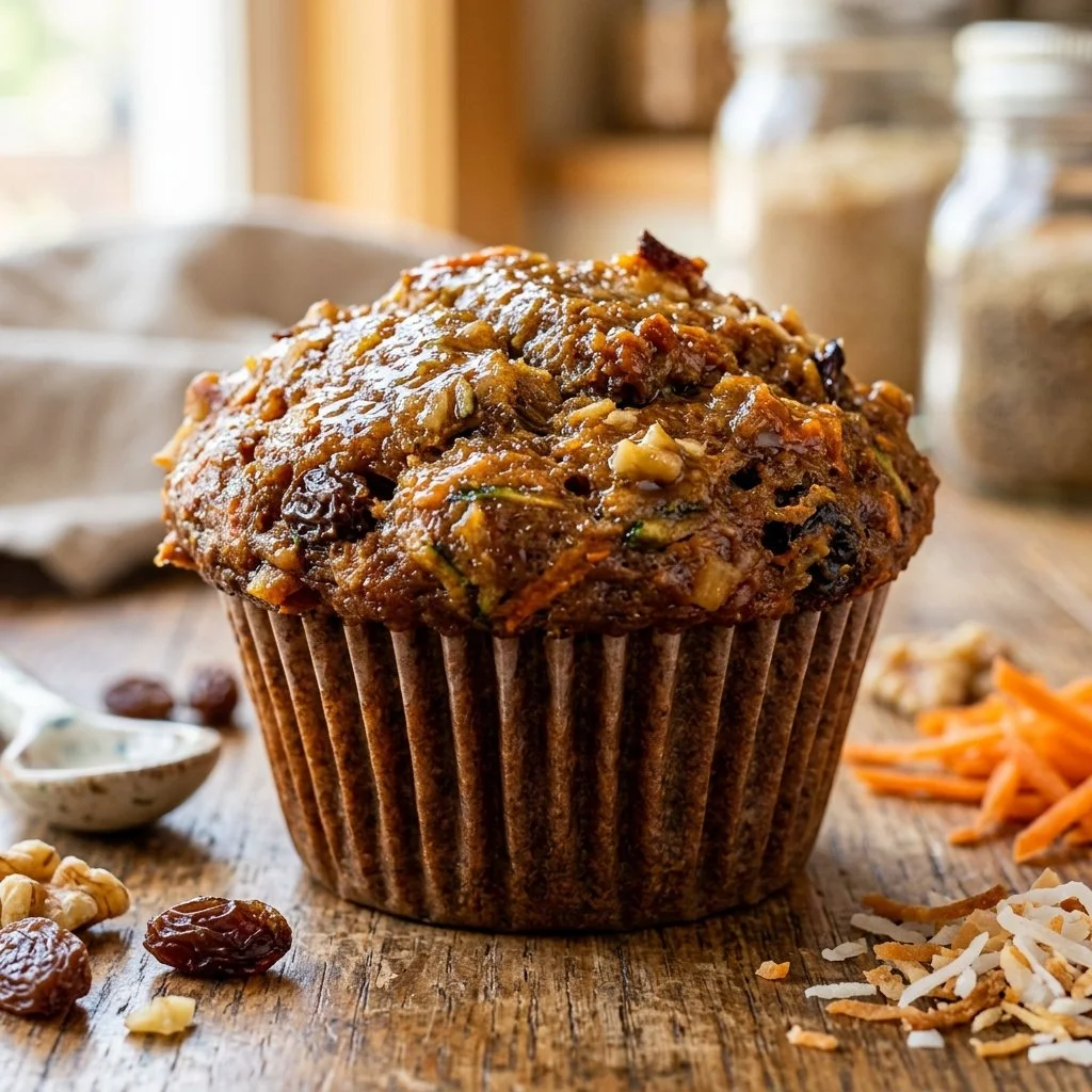 Freshly baked Morning Glory Muffins featuring fruits and nuts