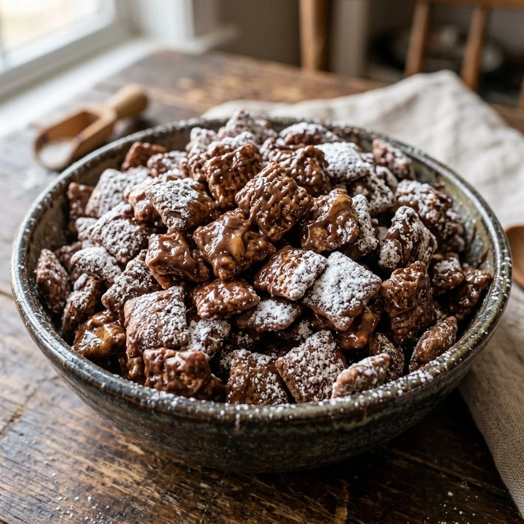 Delicious Muddy Buddies snack mix made with chocolate and peanut butter.