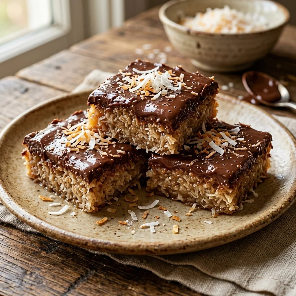No-bake coconut bars stacked on a plate, topped with shredded coconut.