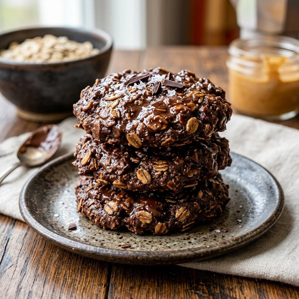 Delicious no-bake oatmeal cookies with chocolate and peanut butter.
