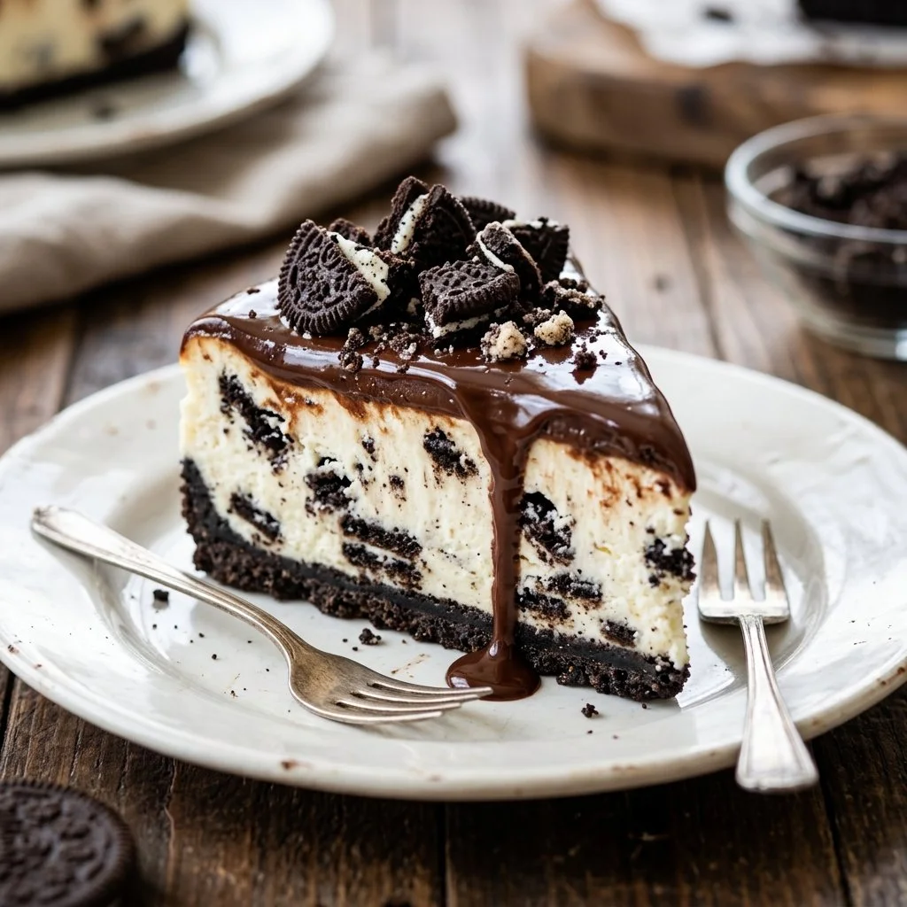 No-Bake Oreo Cheesecake topped with crushed Oreos on a plate