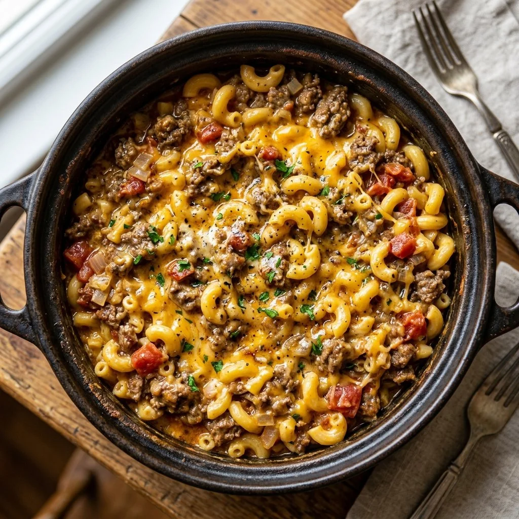 Delicious one pot cheeseburger pasta dish with ground beef and cheese