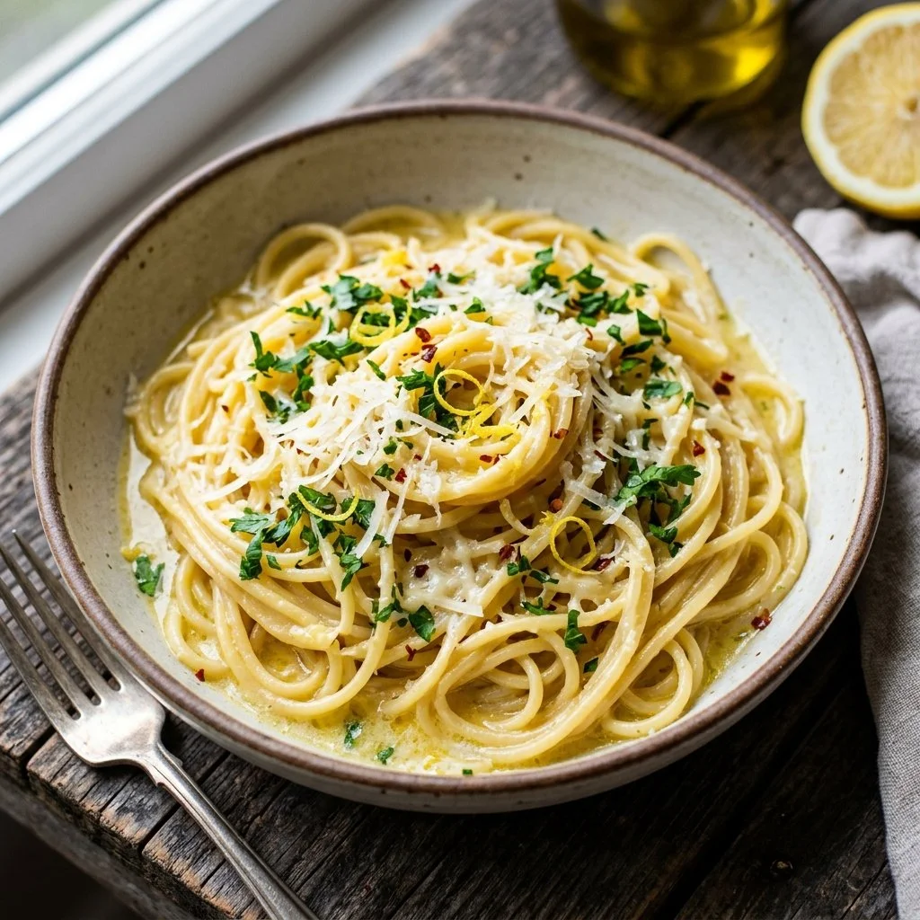 A bowl of vibrant one pot lemon pasta with fresh herbs and lemon slices