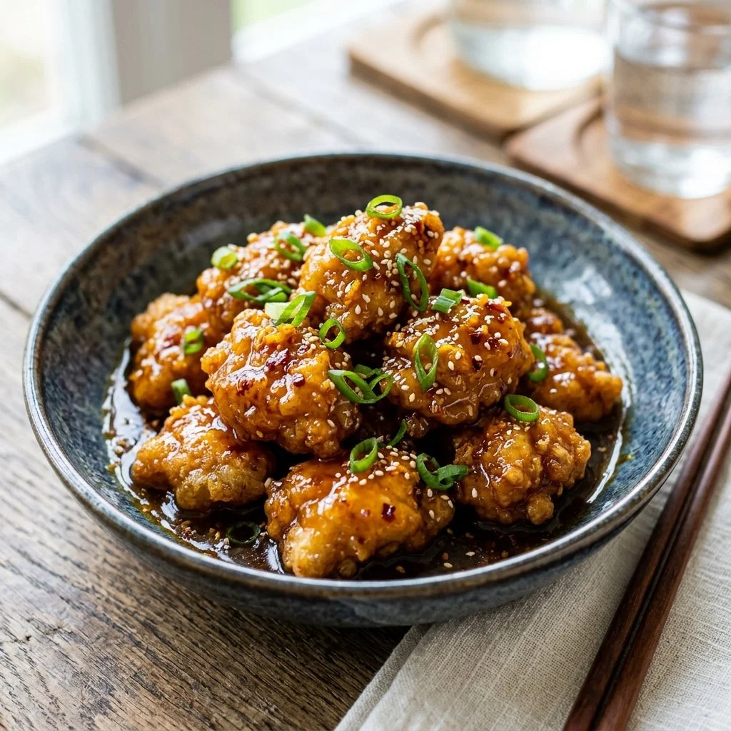 Plate of orange chicken garnished with sesame seeds and green onions