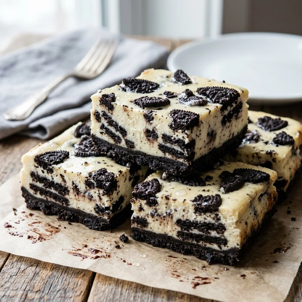 Delicious Oreo Cheesecake Bars topped with Oreos and chocolate drizzle