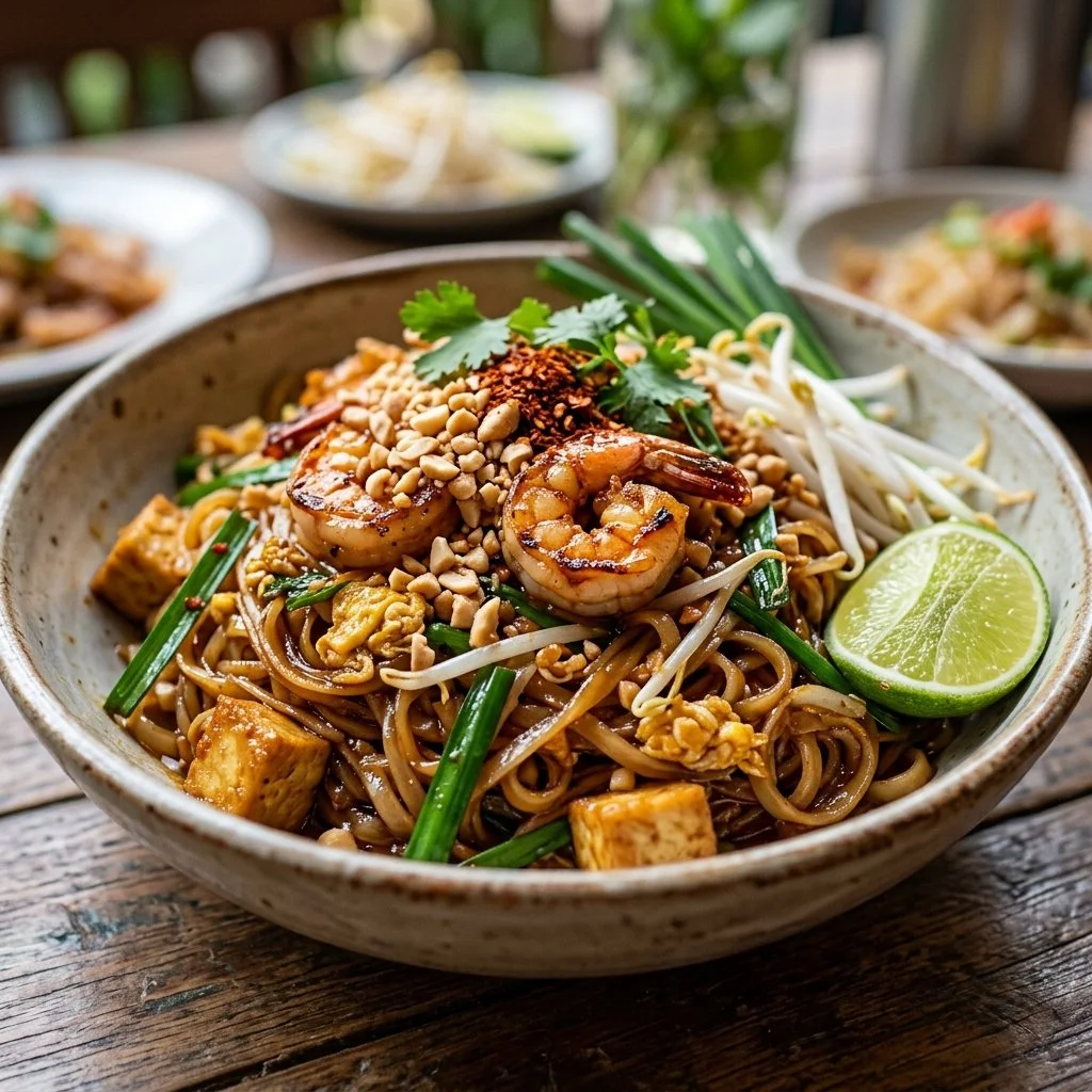 Delicious homemade Pad Thai served with fresh ingredients and garnishes.