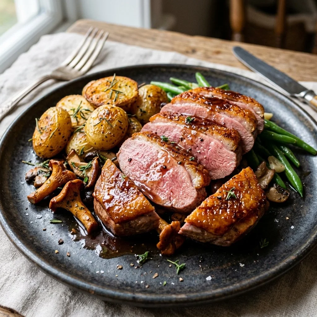 Delicious pan seared duck with crispy skin and flavorful glaze on a plate.