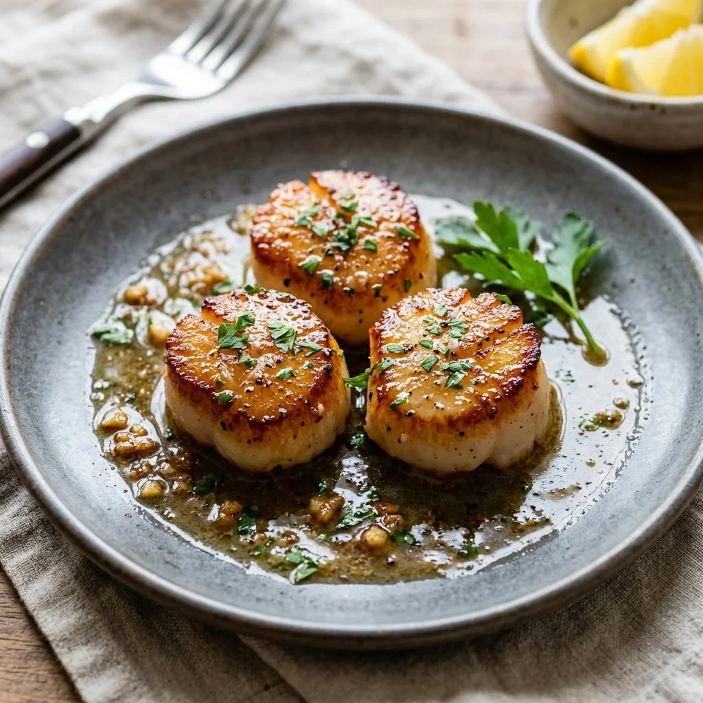 Succulent pan-seared scallops served on a plate with garnish.