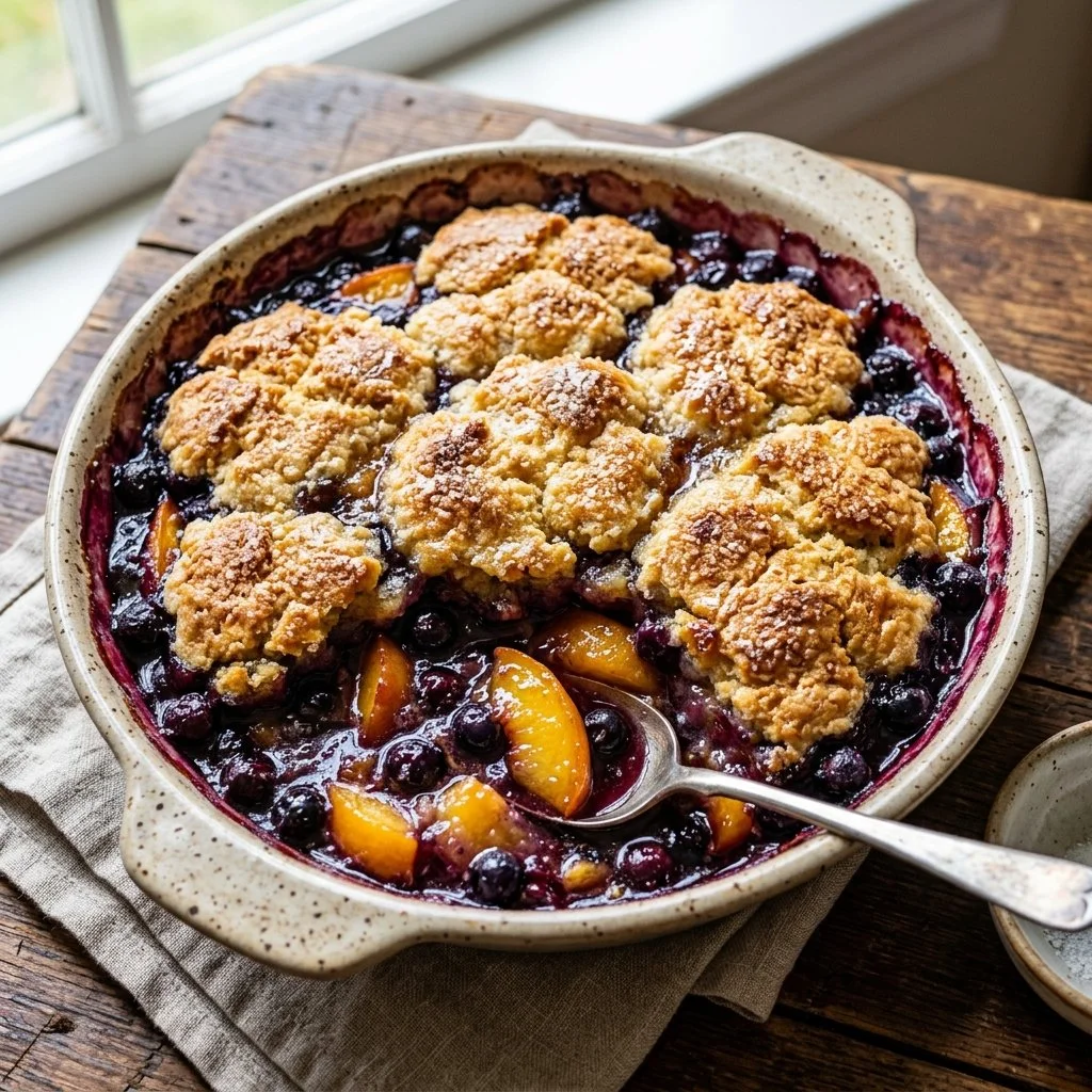 Freshly baked Peach Blueberry Cobbler served in a rustic dish.