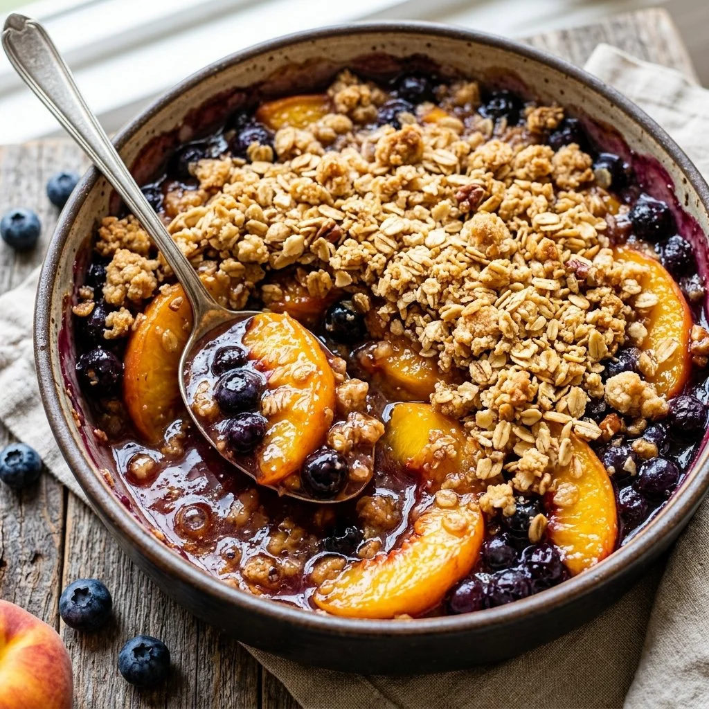 Delicious peach blueberry crisp dessert topped with oats and served in a baking dish.