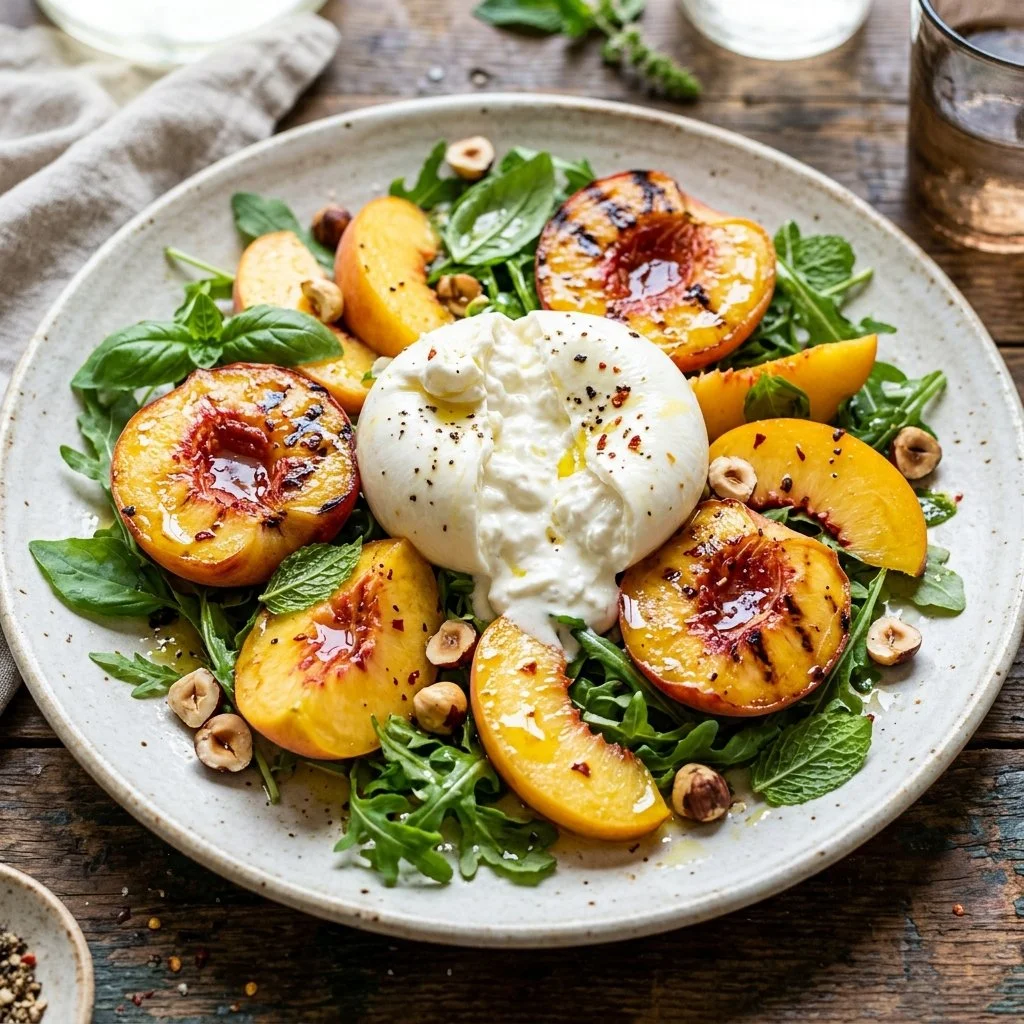 Delicious Peach Burrata Salad garnished with fresh basil and drizzled with balsamic