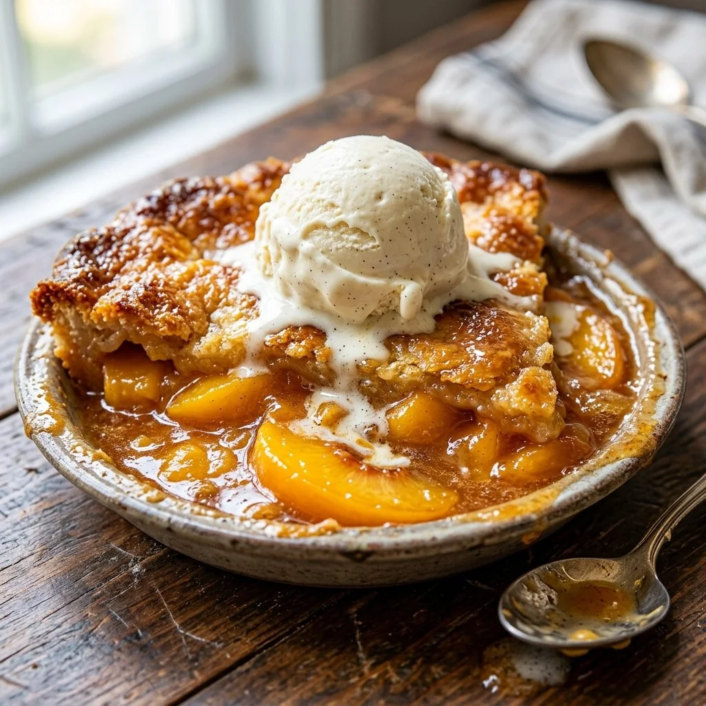 Freshly baked peach cobbler with golden crust and juicy peaches