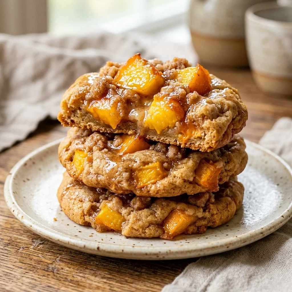 Delicious peach cobbler cookies fresh out of the oven, topped with cinnamon.