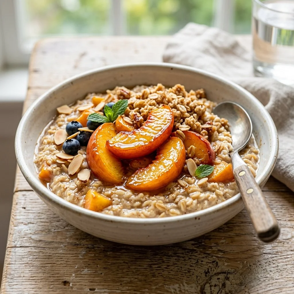 Bowl of Peach Cobbler Oatmeal topped with fresh peaches and cinnamon