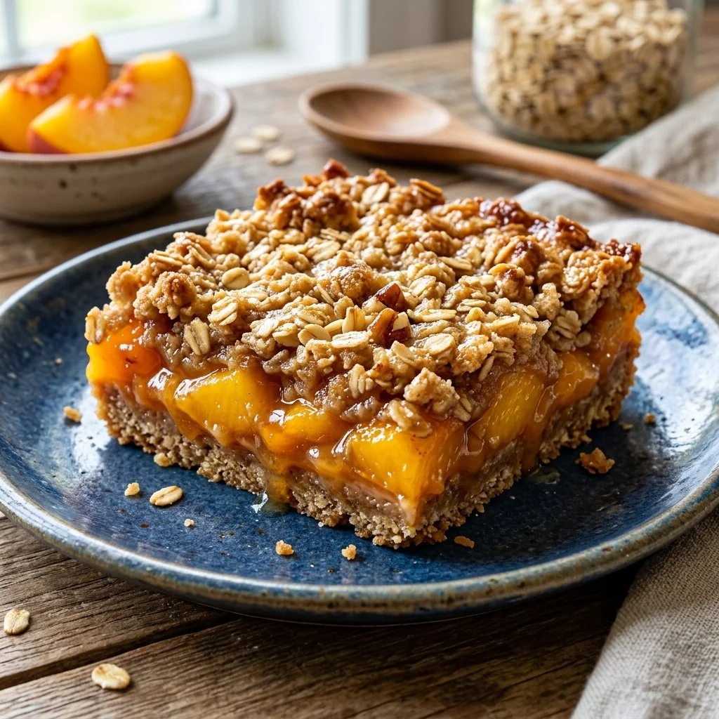 Delicious peach crisp bars with a crunchy topping and fresh peach filling.