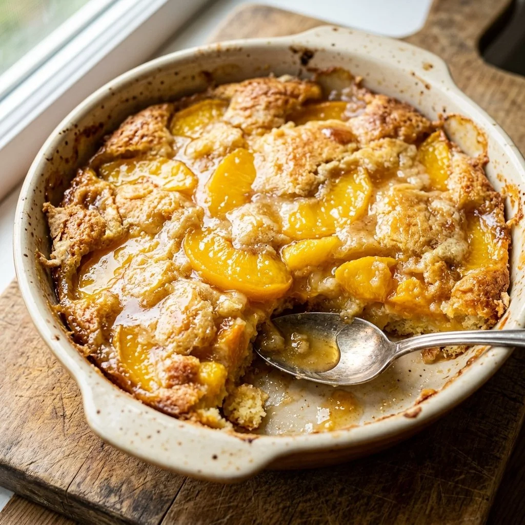 Delicious Peach Dump Cake served in a dessert bowl with fresh peaches