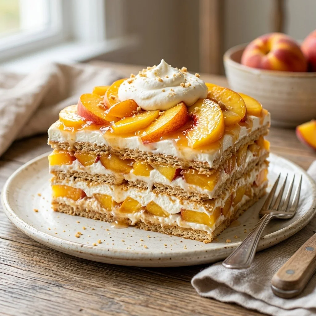 Delicious Peach Icebox Cake topped with fresh peaches and whipped cream