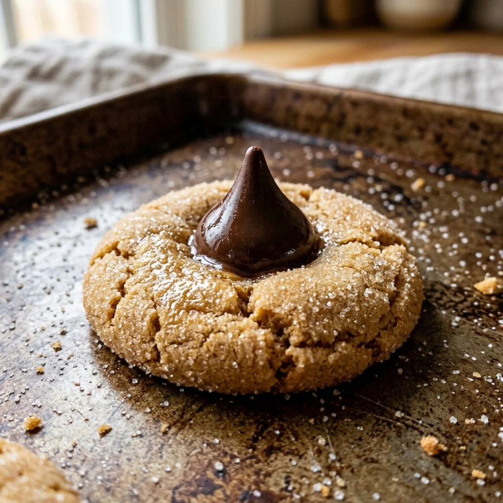Delicious Peanut Butter Blossoms cookies topped with chocolate kisses.