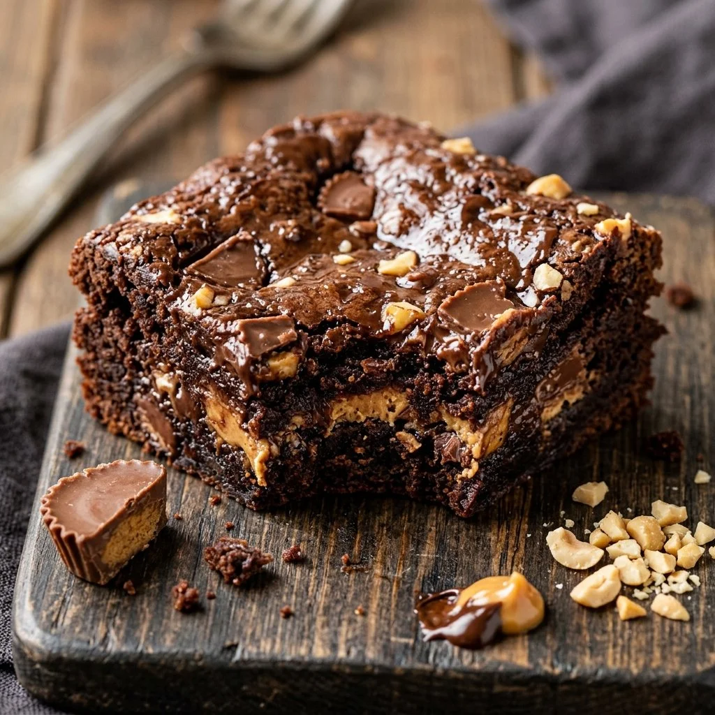 Decadent Peanut Butter Cup Brownies topped with peanut butter cups