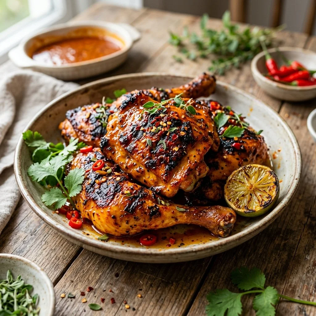 Juicy Peri Peri Chicken marinated in spicy sauce, served on a plate.