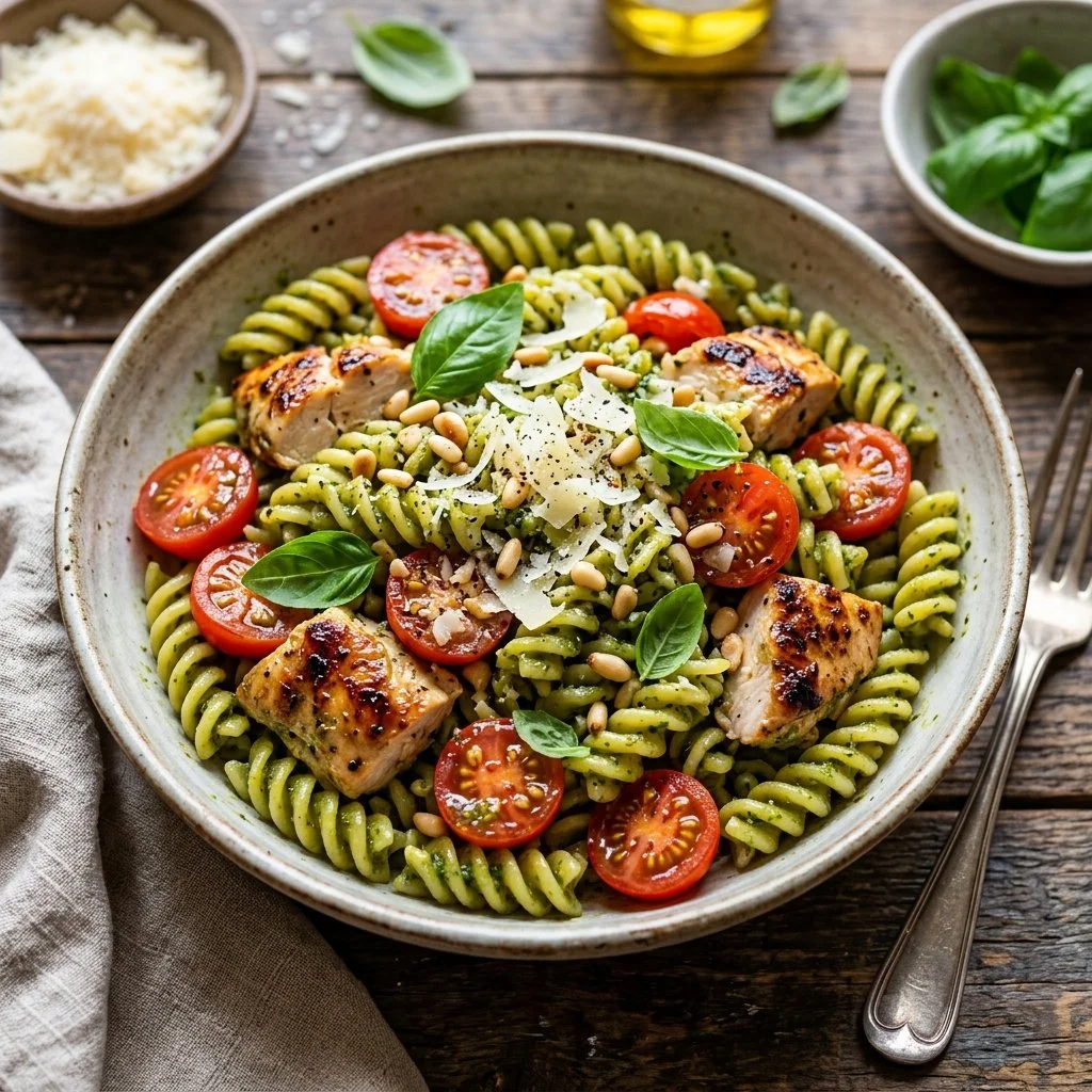 Delicious Pesto Chicken Pasta topped with fresh basil and parmesan cheese