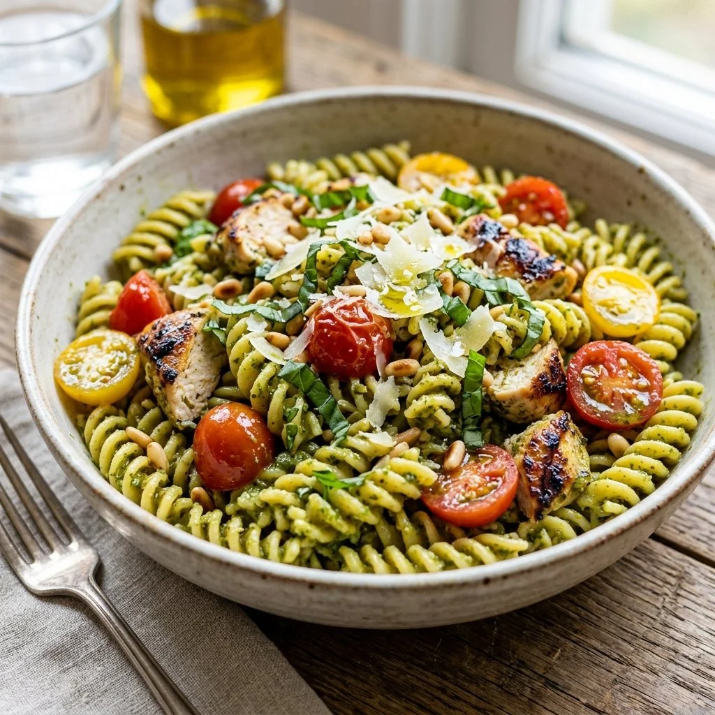 Plate of flavorful pesto chicken pasta topped with fresh basil and parmesan cheese