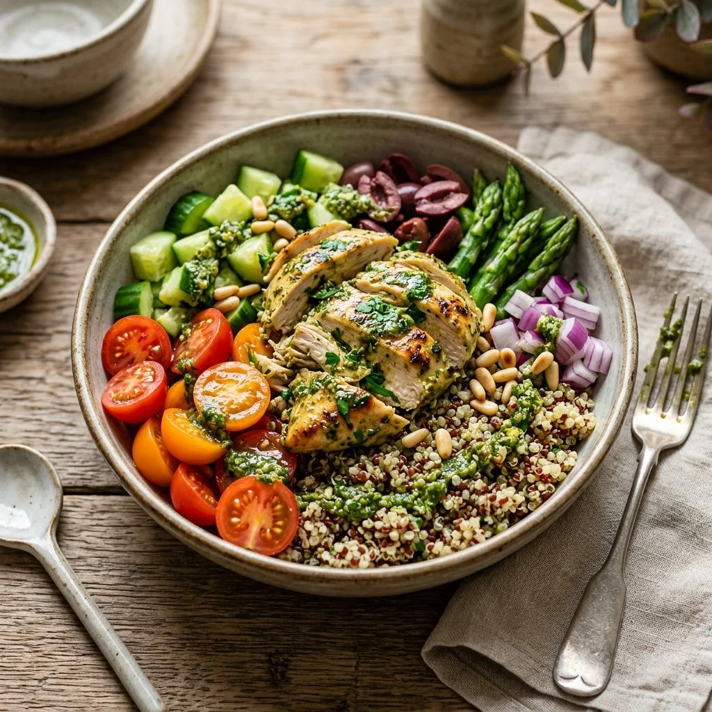 Pesto Chicken Quinoa Bowl with fresh ingredients and vibrant colors