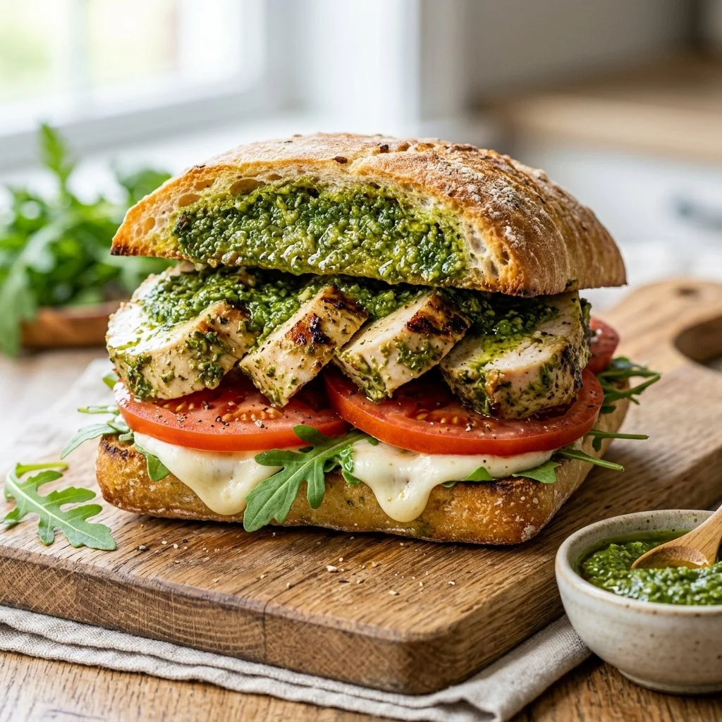 Pesto chicken sandwich with fresh ingredients and creamy pesto sauce.