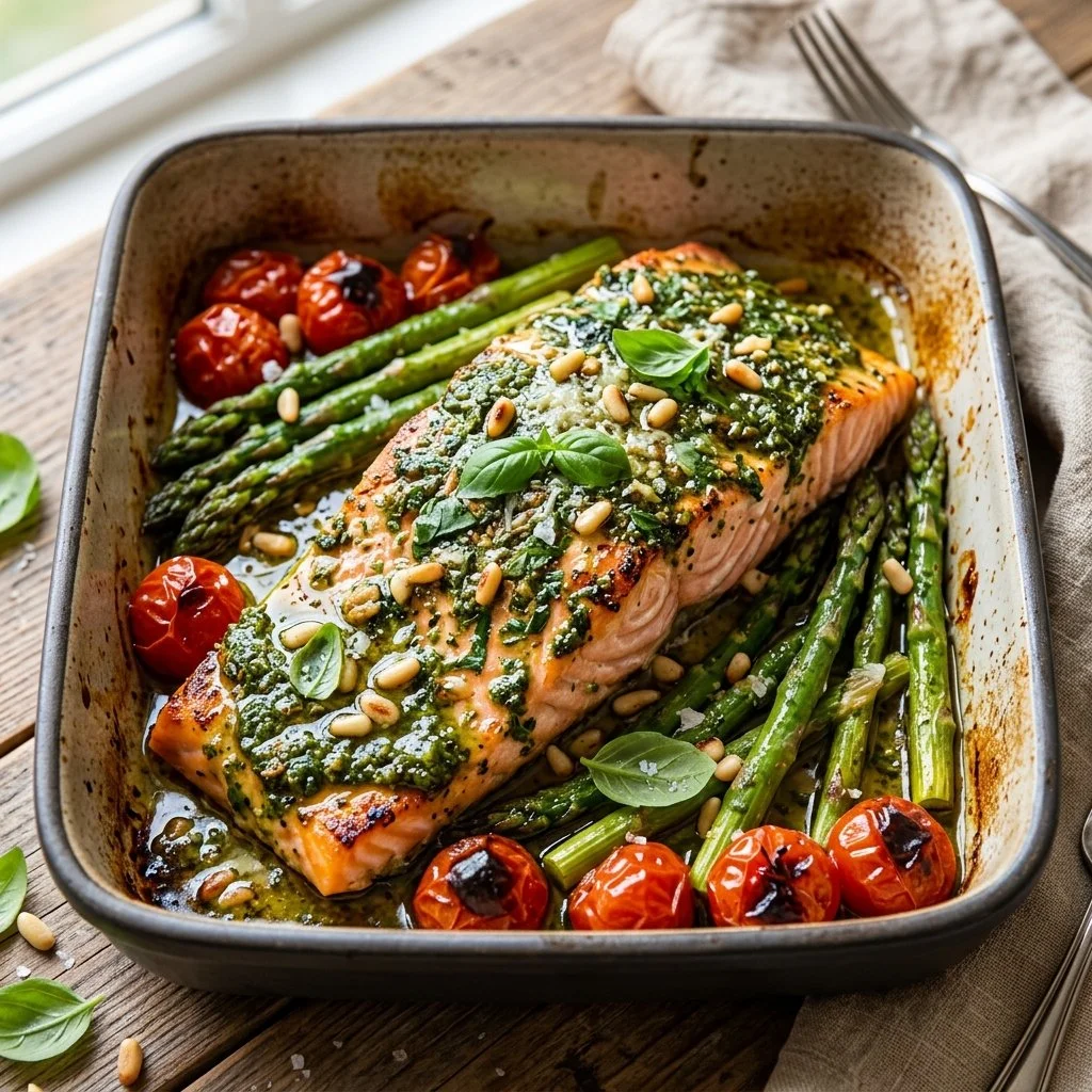 Baked pesto salmon dish garnished with fresh herbs on a plate