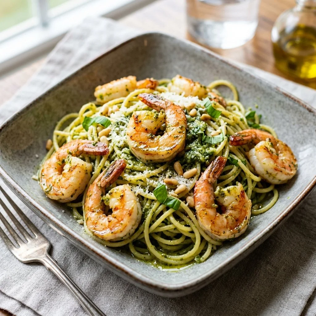 Delicious pesto shrimp pasta topped with fresh basil and shrimp.