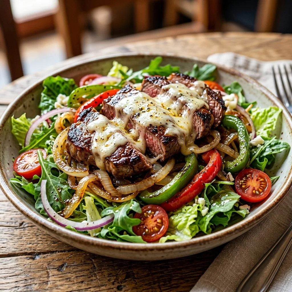 Delicious Philly Cheesesteak Salad topped with grilled steak, veggies, and cheese