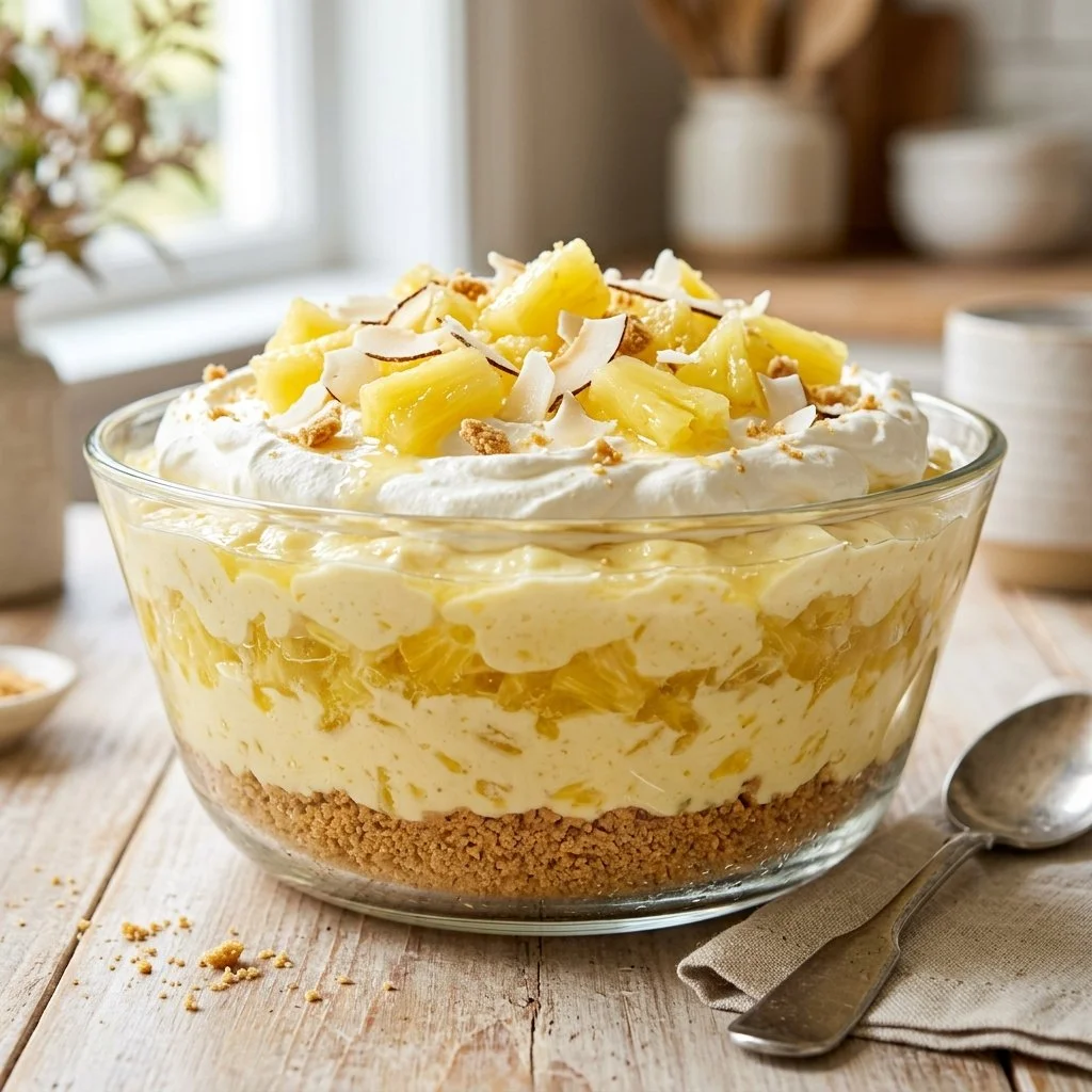 Delicious Pineapple Dream Dessert garnished with fresh pineapple slices