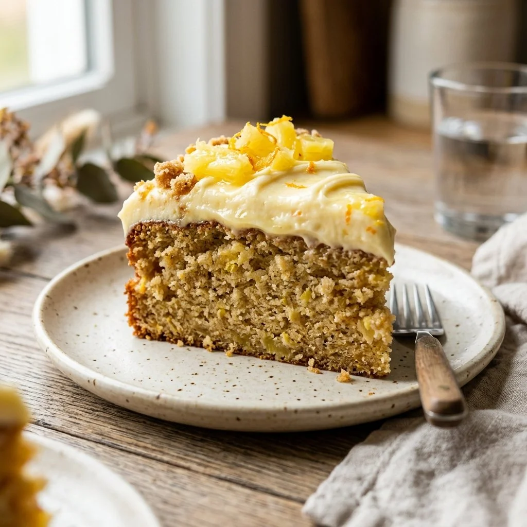 Delicious Pineapple Sunshine Cake topped with whipped cream and fresh pineapple slices