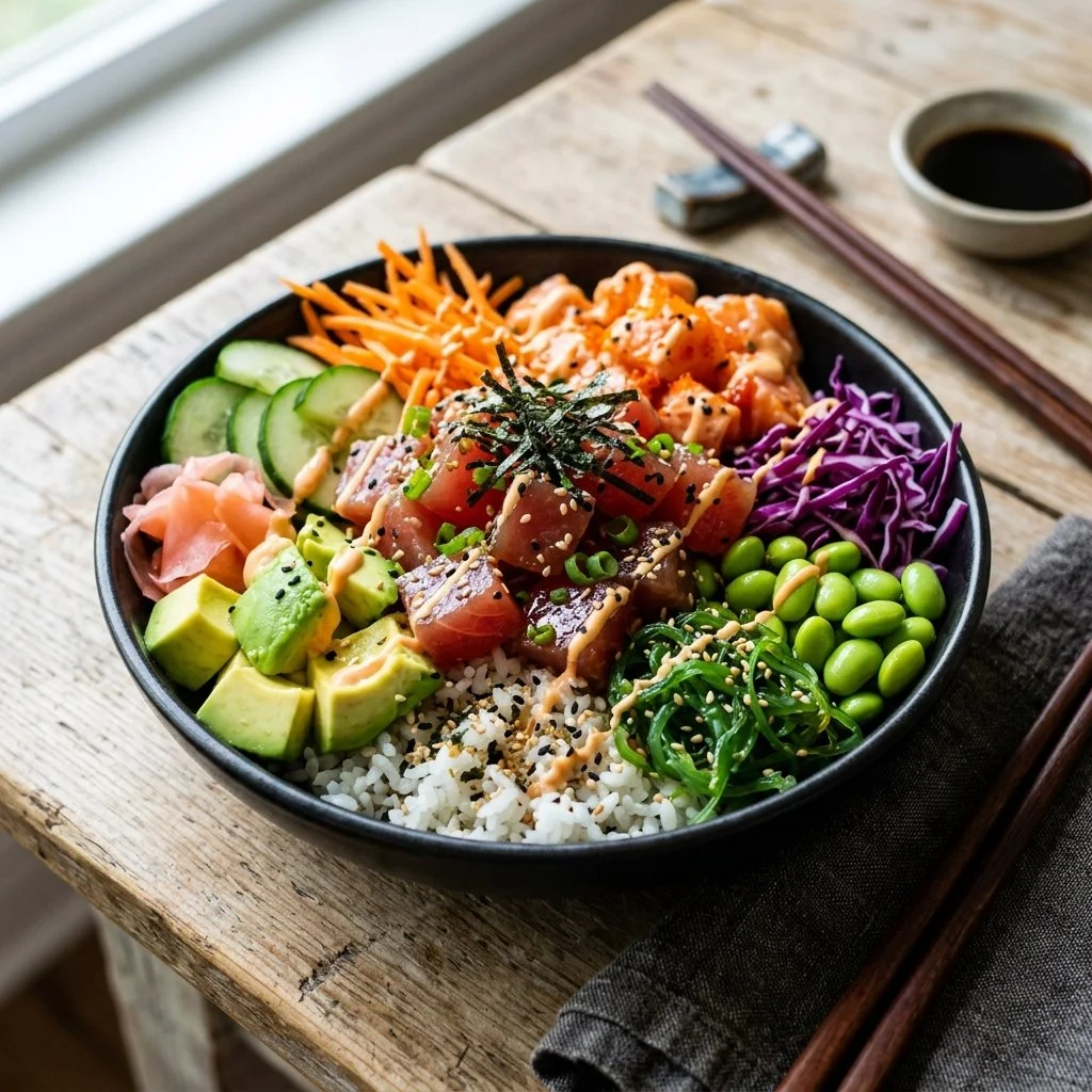 Delicious poke bowl made with fresh ingredients and vibrant toppings