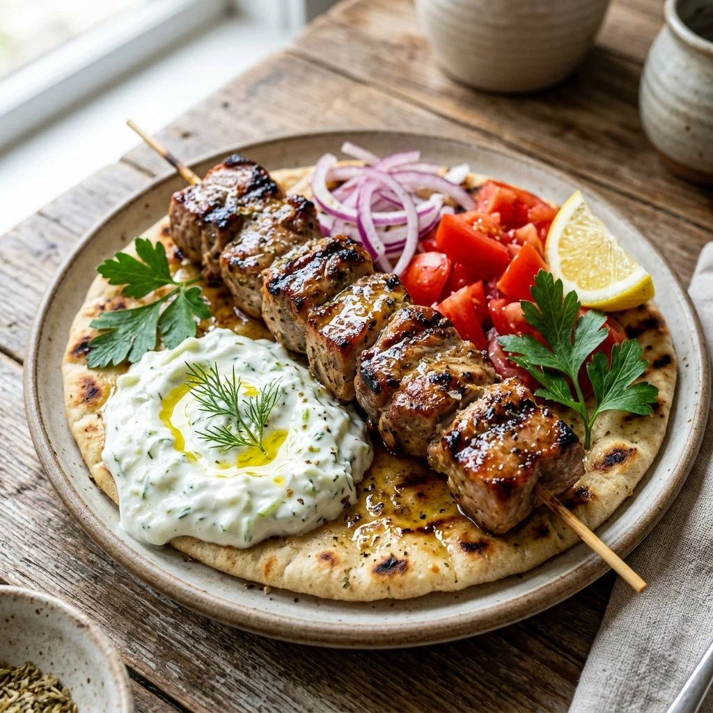 Grilled Pork Souvlaki skewers served with fresh vegetables and tzatziki sauce