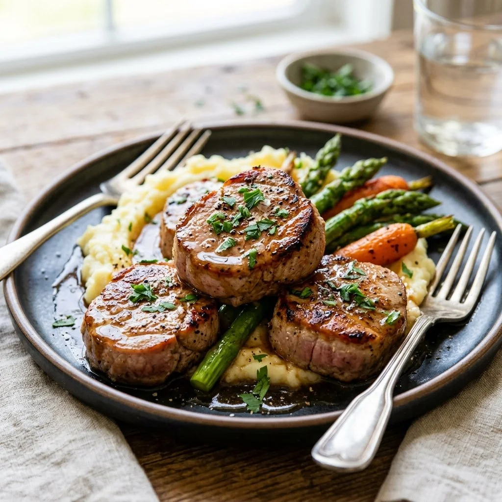 Succulent pork tenderloin medallions served with herbs and spices